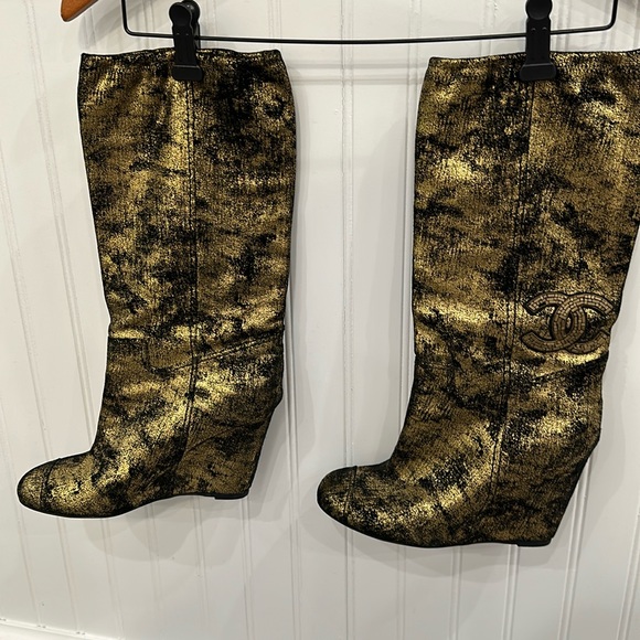 Authentic Chanel black & gold wedge heel boots. Chic, Bold & Beautiful! - Picture 1 of 10